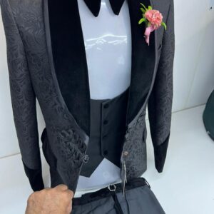 Elegant Black Floral Embroidered Tuxedo Suit