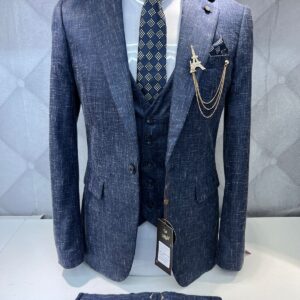 Navy Blue Textured Three-Piece Suit with Eiffel Tower Lapel Chain