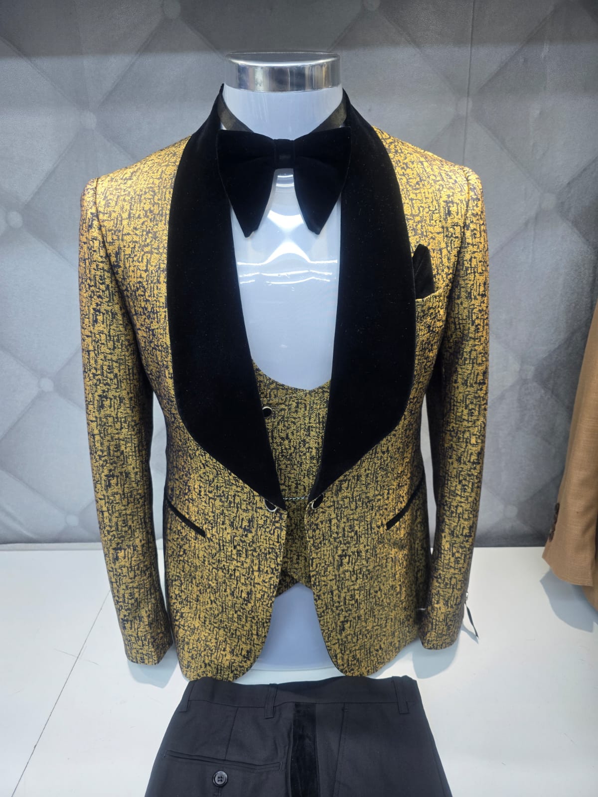 Gold Patterned Tuxedo with Black Velvet Lapels