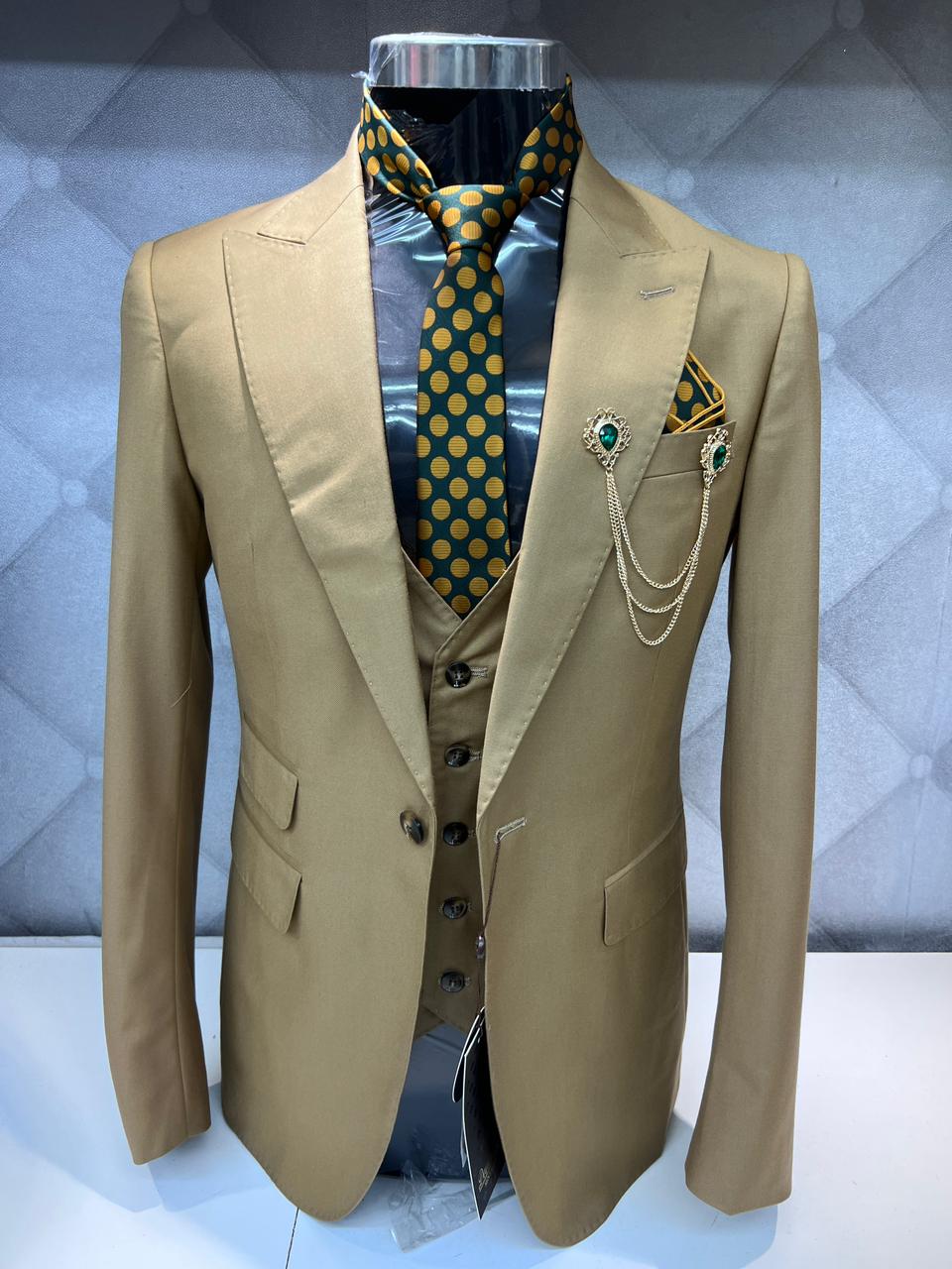 Luxury Gold Three-Piece Suit with Accessories