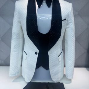 White Diamond-Textured Tuxedo with Black Velvet Lapels