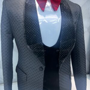 Black Diamond-Textured Tuxedo with Red Bow Tie