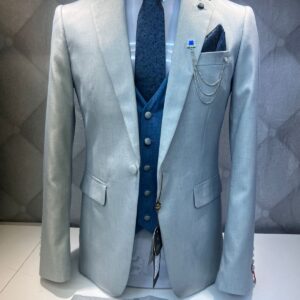 Light Grey Three-Piece Suit with Blue Accents