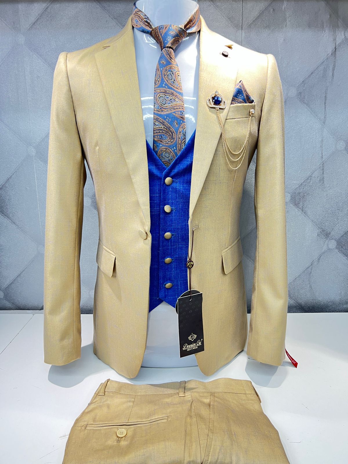 Gold Three-Piece Suit with Royal Blue Waistcoat