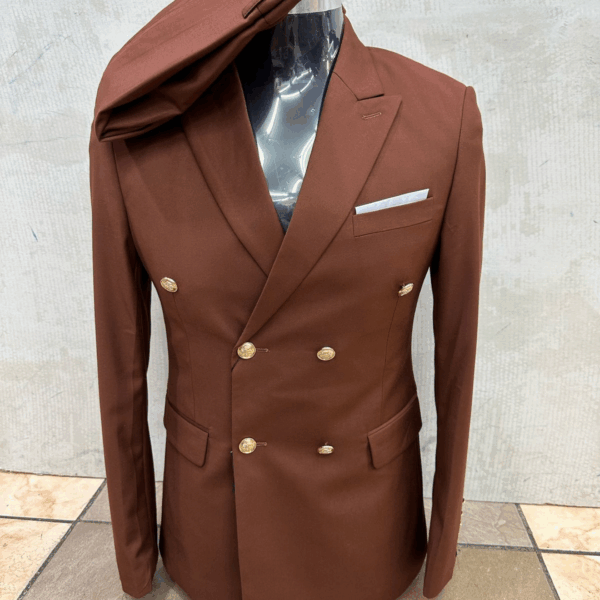 Chestnut Double-Breasted Suit with Gold Buttons